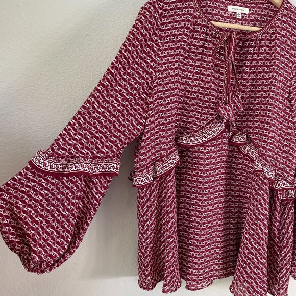 Max Studio Womens Large Burgundy White V Neck Ruffle Blouse Shirt Top - Picture 10 of 12